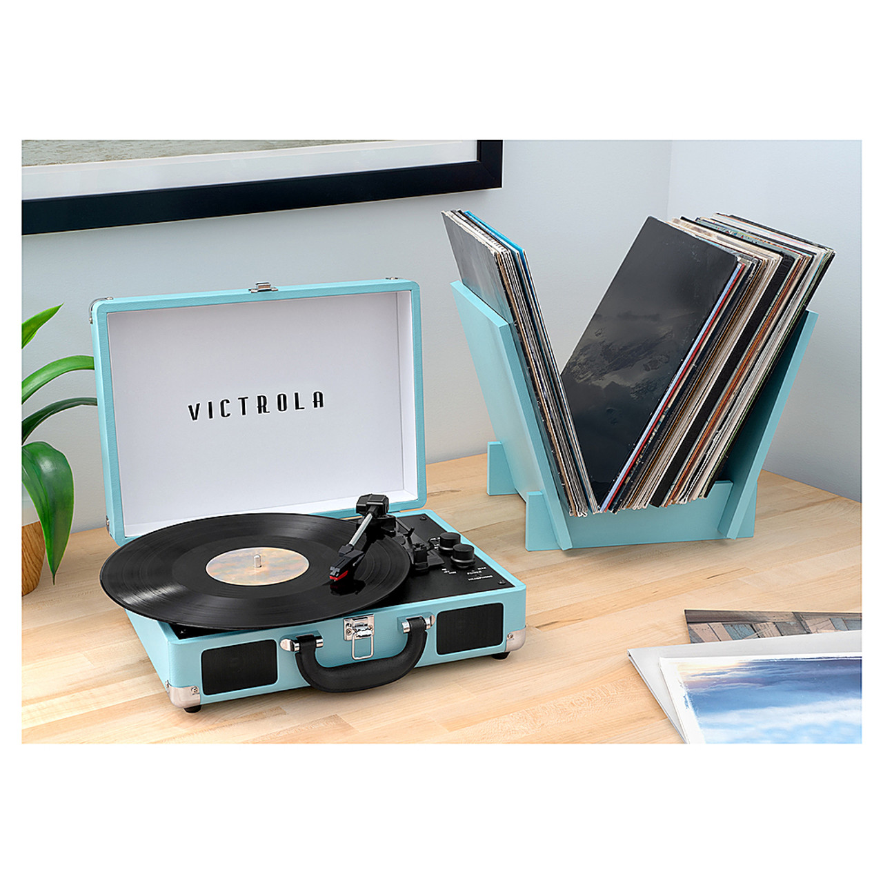 Victrola Journey+ Bluetooth Suitcase Record Player with Matching Record Stand - Teal