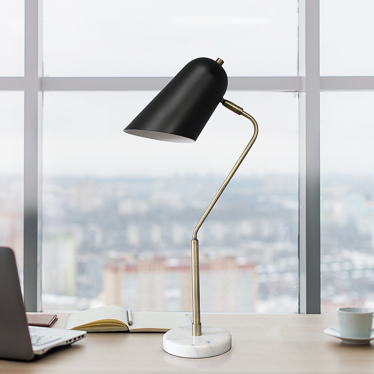 Lalia Home Asymmetrical Marble and Metal Desk Lamp with Black Sloped Shade