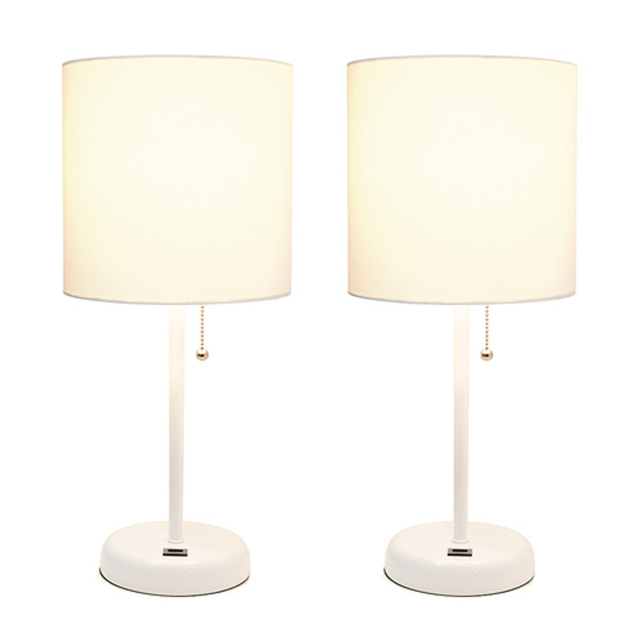 LimeLights White Stick Lamp with USB charging port and Fabric Shade 2 Pack Set, White