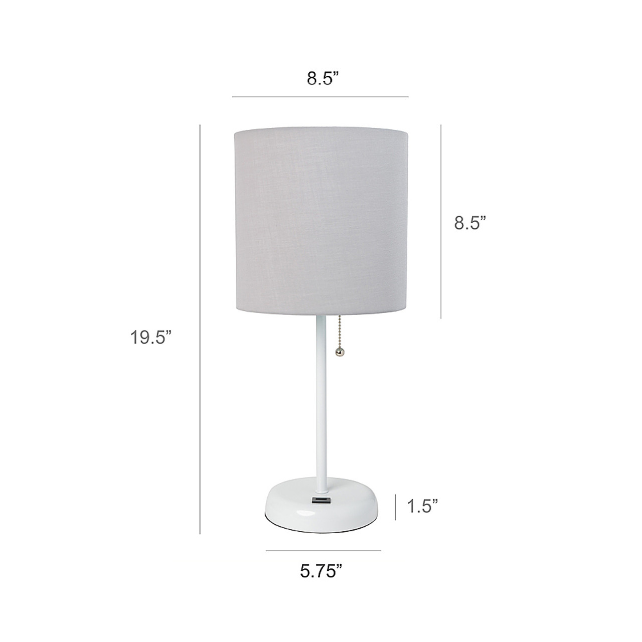 LimeLights White Stick Lamp with USB charging port and Fabric Shade 2 Pack Set, Gray