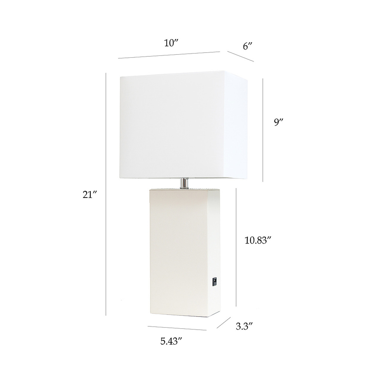 Elegant Designs Modern Leather Table Lamp with USB and White Fabric Shade, White