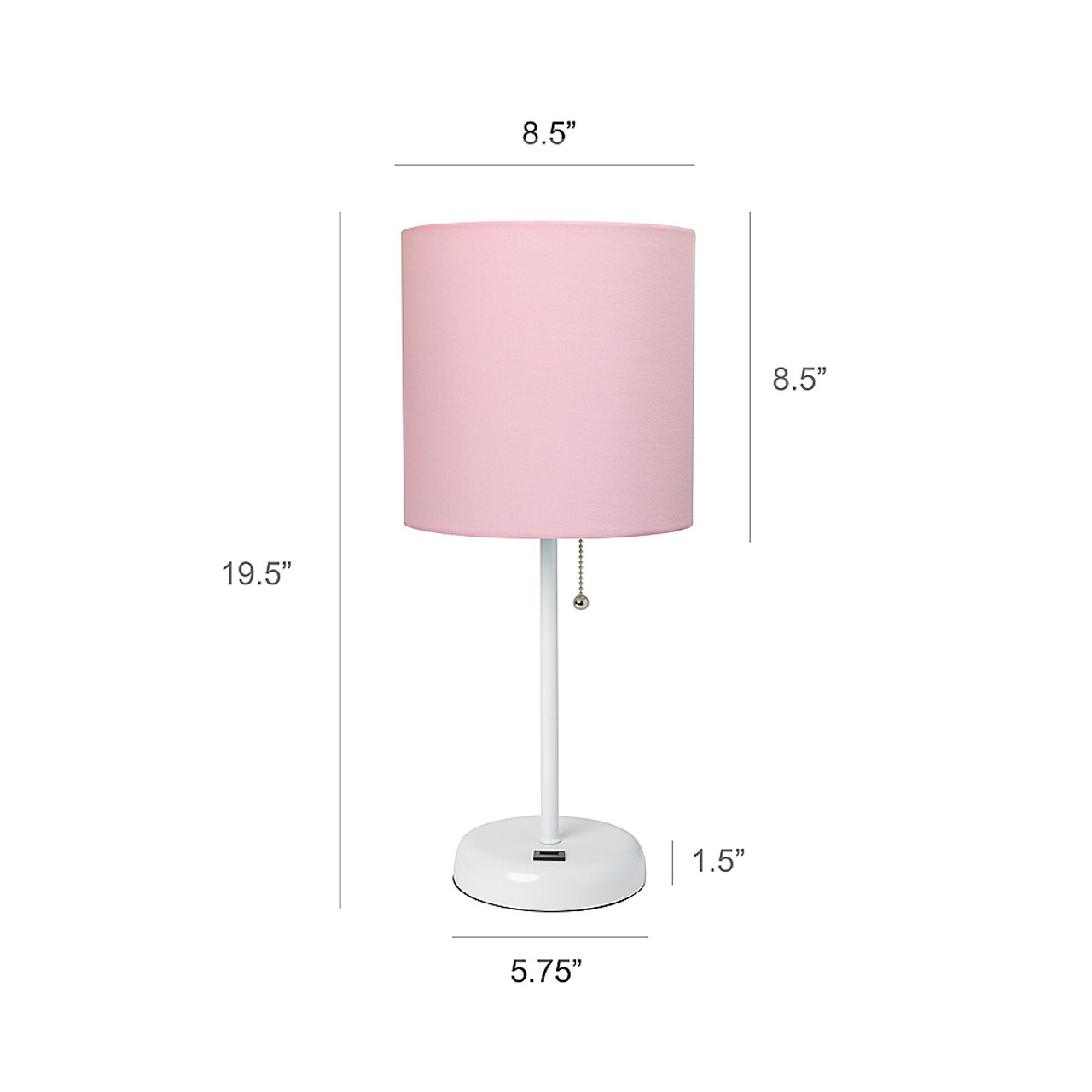LimeLights White Stick Lamp with USB charging port and Fabric Shade 2 Pack Set, Light Pink