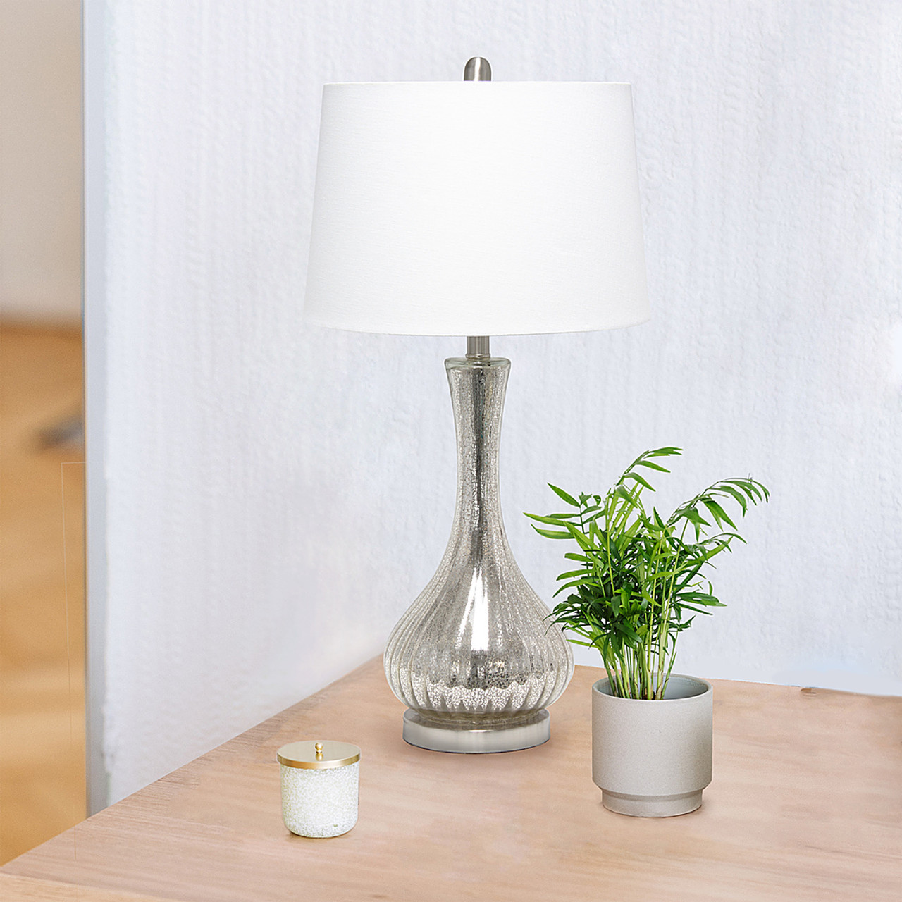 Lalia Home Speckled Mercury Tear Drop Table Lamp with White Fabric Shade