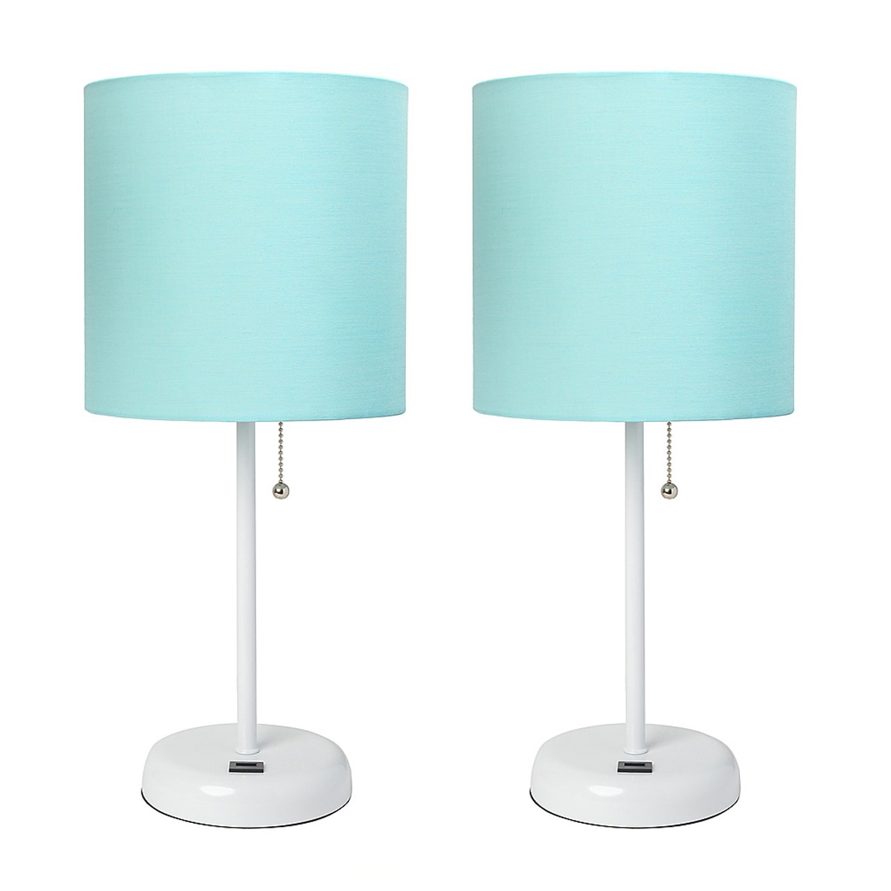 LimeLights White Stick Lamp with USB charging port and Fabric Shade 2 Pack Set, Aqua