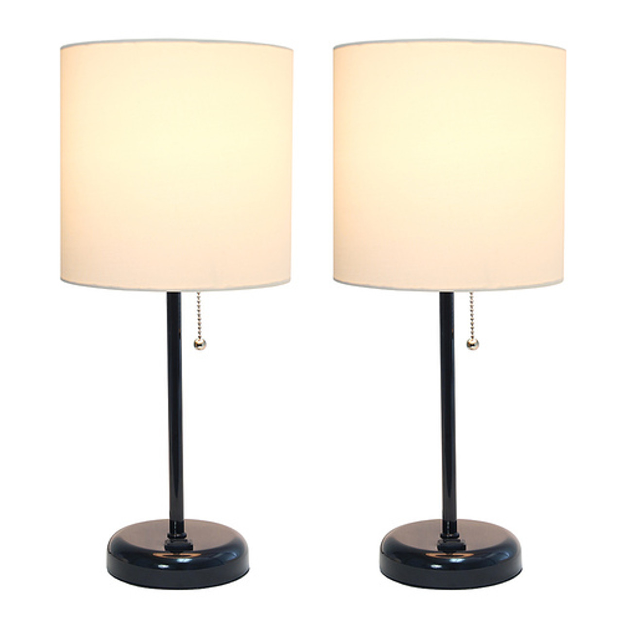 LimeLights Black Stick Lamp with Charging Outlet and Fabric Shade 2 Pack Set, White