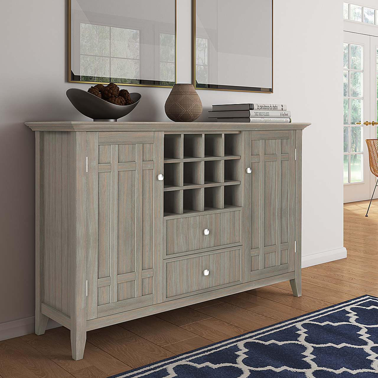 Simpli Home - Bedford Sideboard Buffet and Wine Rack - Distressed Grey