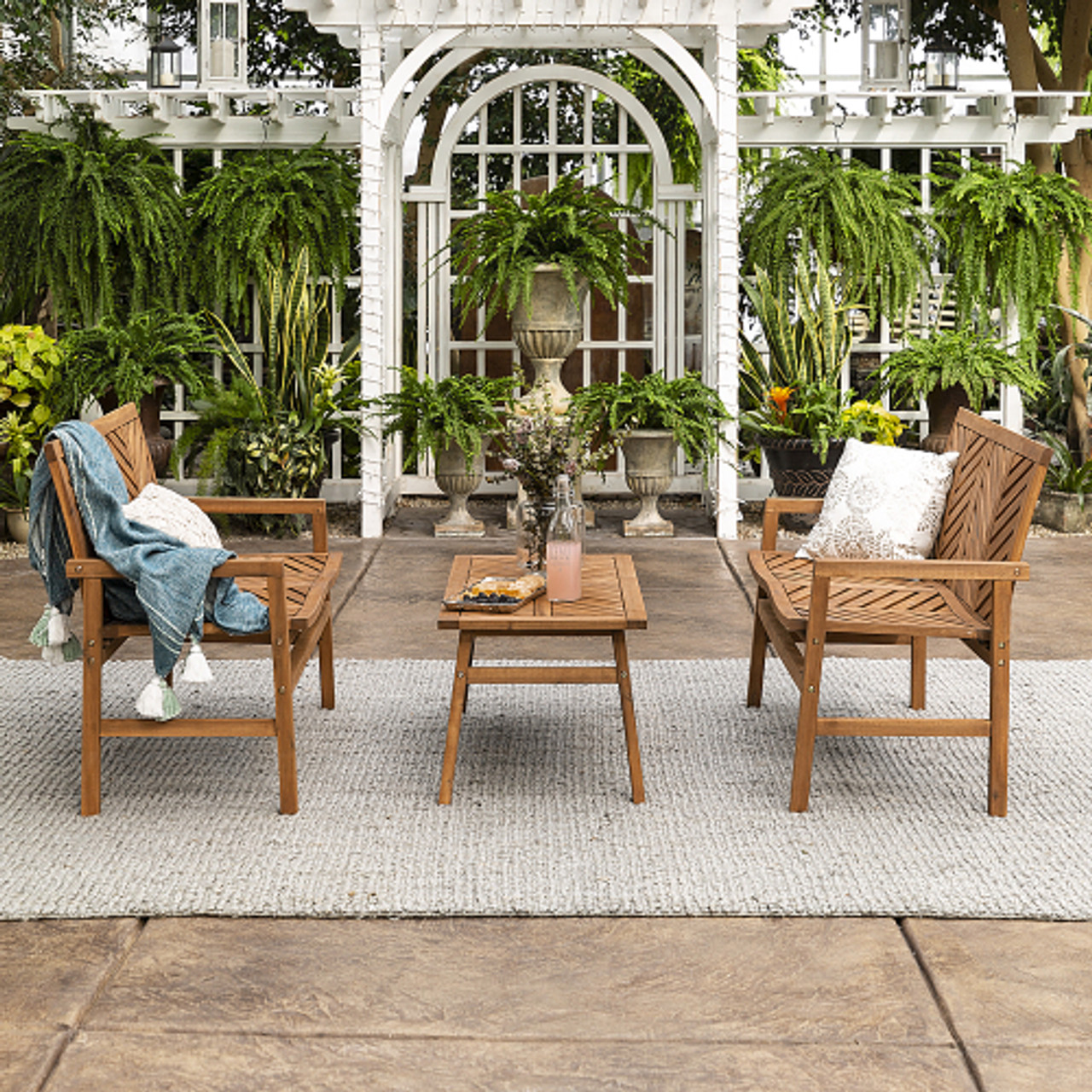 Walker Edison - 3-Piece Windsor Acacia Wood Patio Loveseat Chat Set - Brown