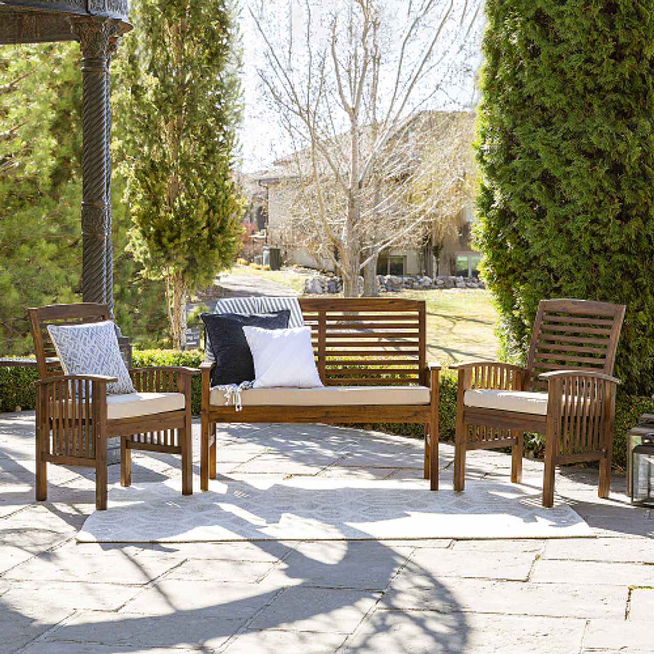 Walker Edison - 3-Piece Camden Acacia Wood Patio Chat Set - Dark Brown