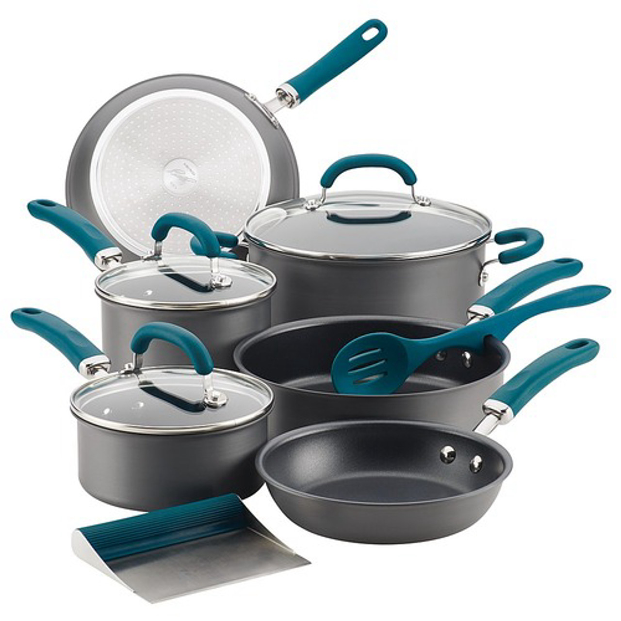 Rachael Ray Create Delicious Hard-Anodized Aluminum Nonstick Cookware Set, 11-Piece, Teal Handles - Gray with Teal Handles