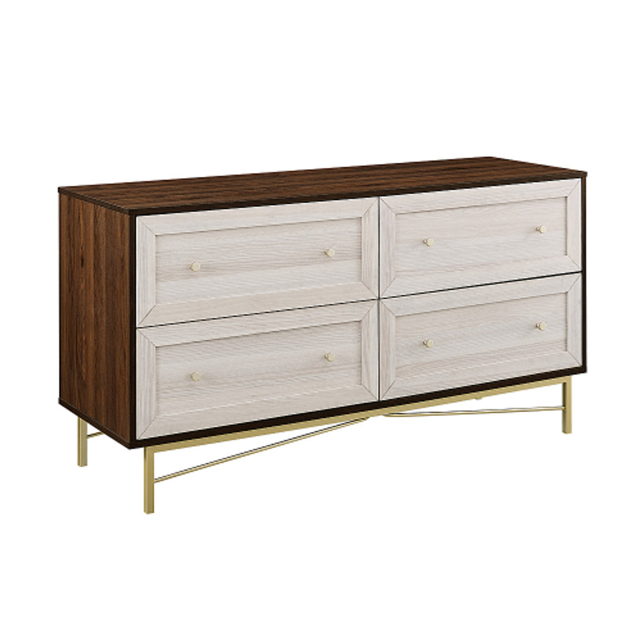 Walker Edison - 56” Contemporary 4 Drawer Gold Accent Dresser - Dark Walnut/White Poplar