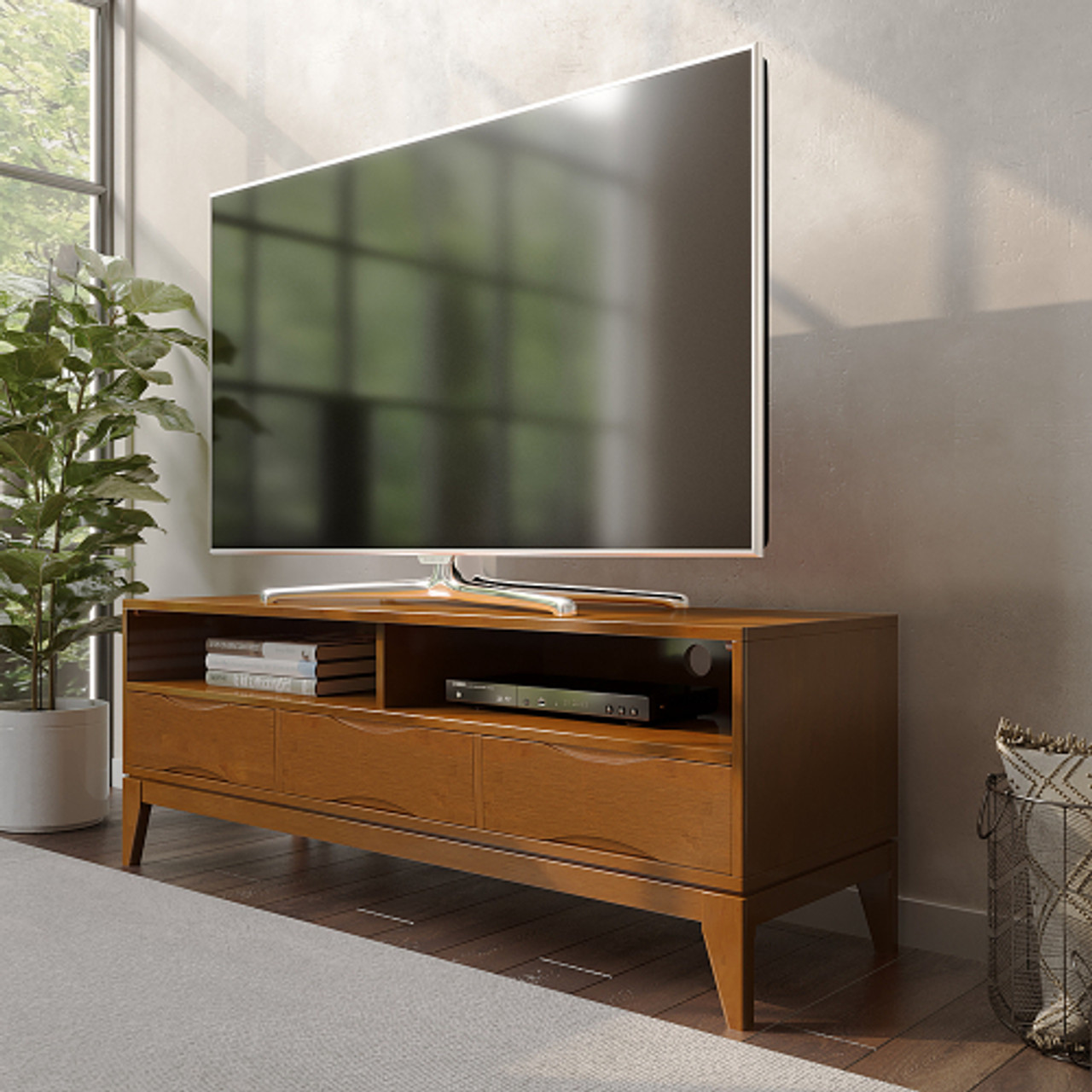 Simpli Home - Harper Solid Hardwood 60 inch Wide Mid Century Modern TV Media Stand For TVs up to 65 inches - Teak Brown