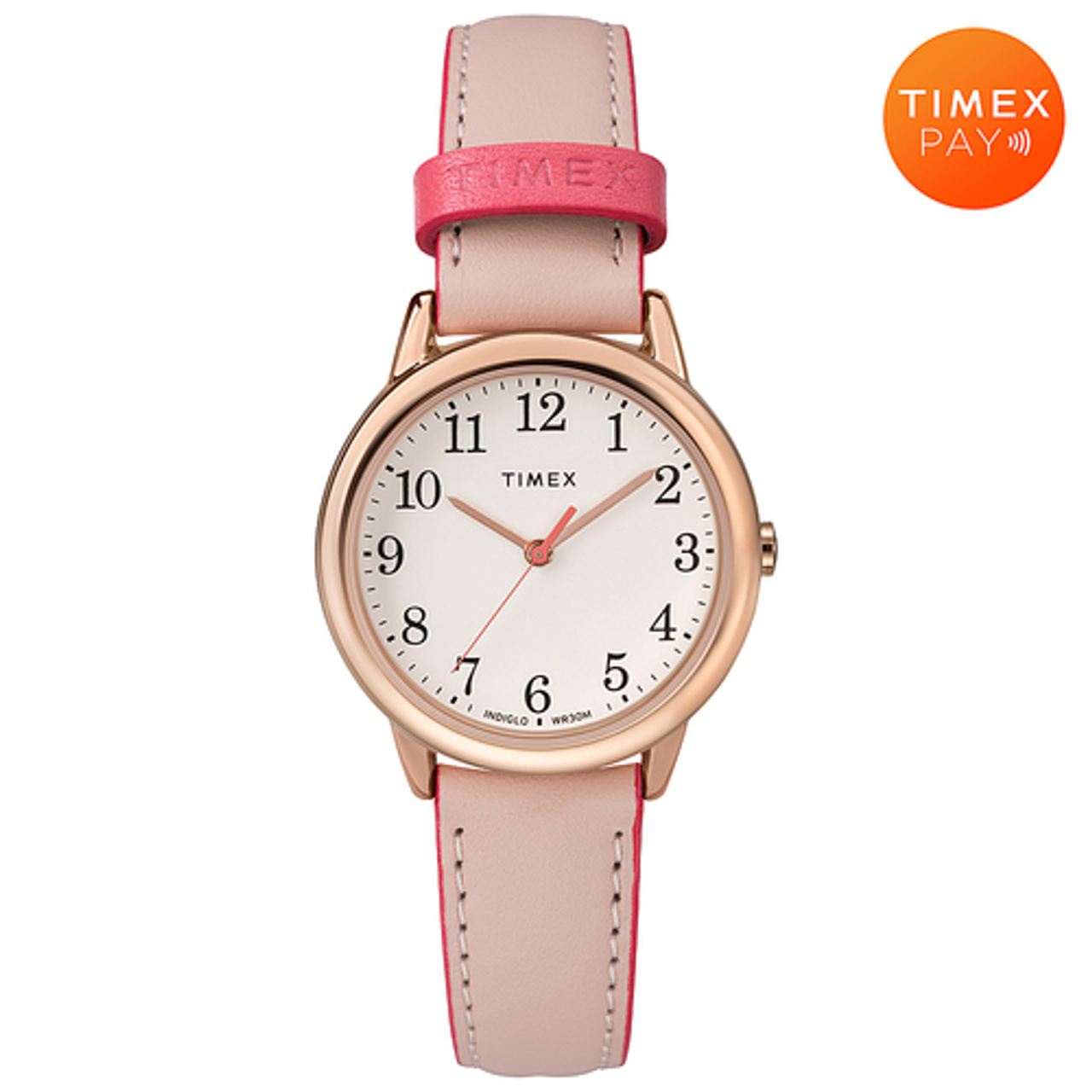 Timex Women's Easy Reader 30mm Color Pop with Timex Pay – Rose Gold-Tone Case with Pink Leather Strap - Pink/Rose Gold/Timex Pay