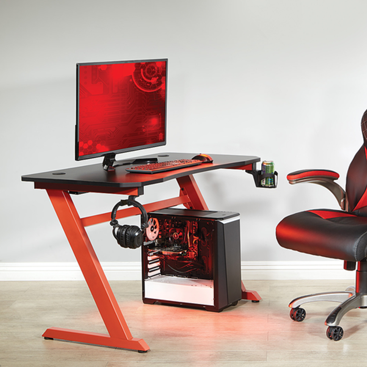 OSP Home Furnishings - Ghost Battlestation Gaming Desk  in Matte Black Top and Red Legs - Black/Red