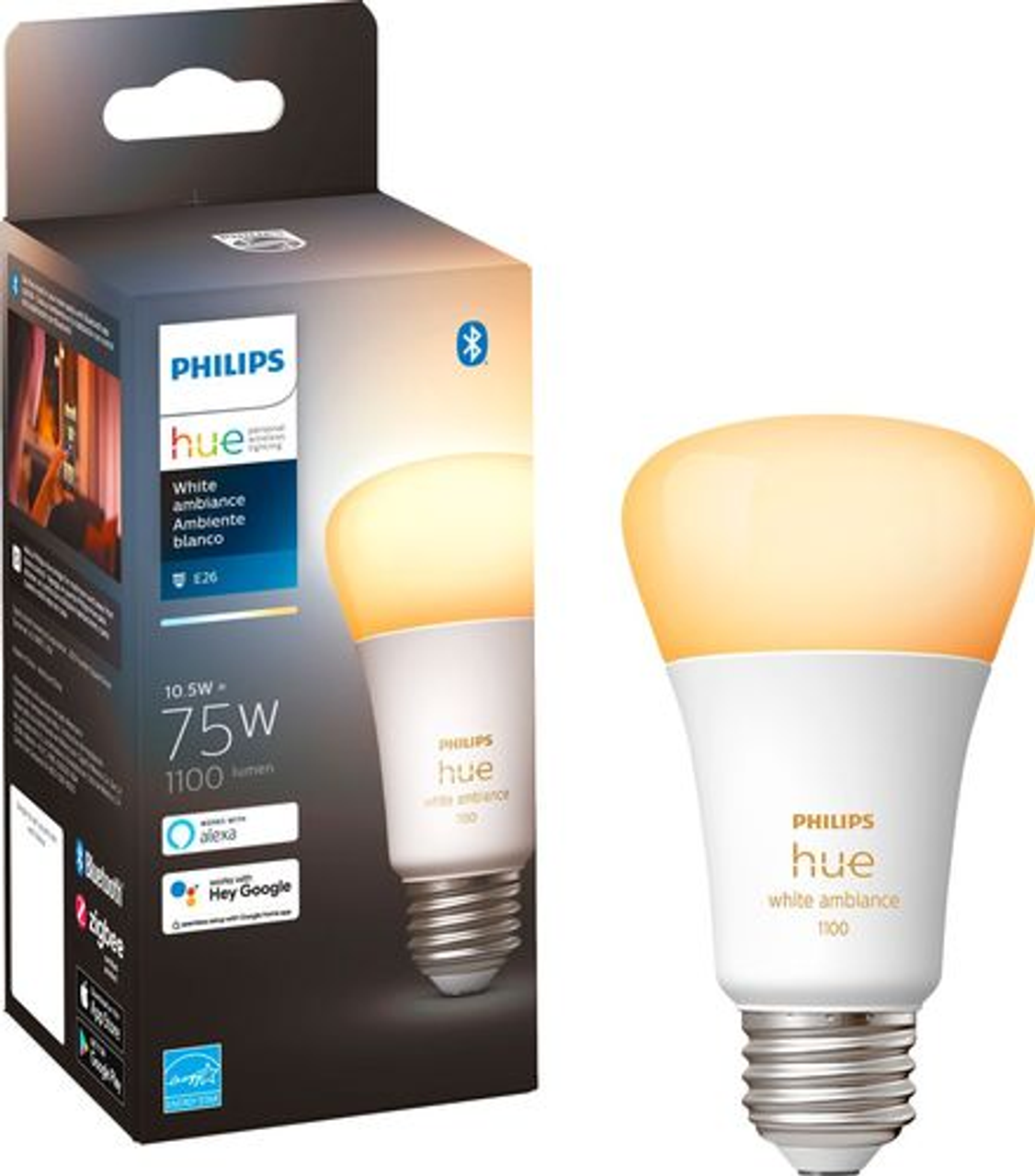 Philips - Hue White Ambiance A19 Bluetooth 75W Smart LED Bulb