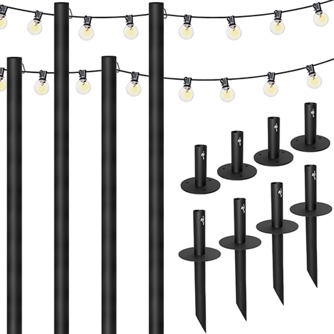 Excello Global Products - Excello Global Bistro String Light Poles Black- 4 Pack with 100' lights - Extends to 10 Feet - With Mounting Options