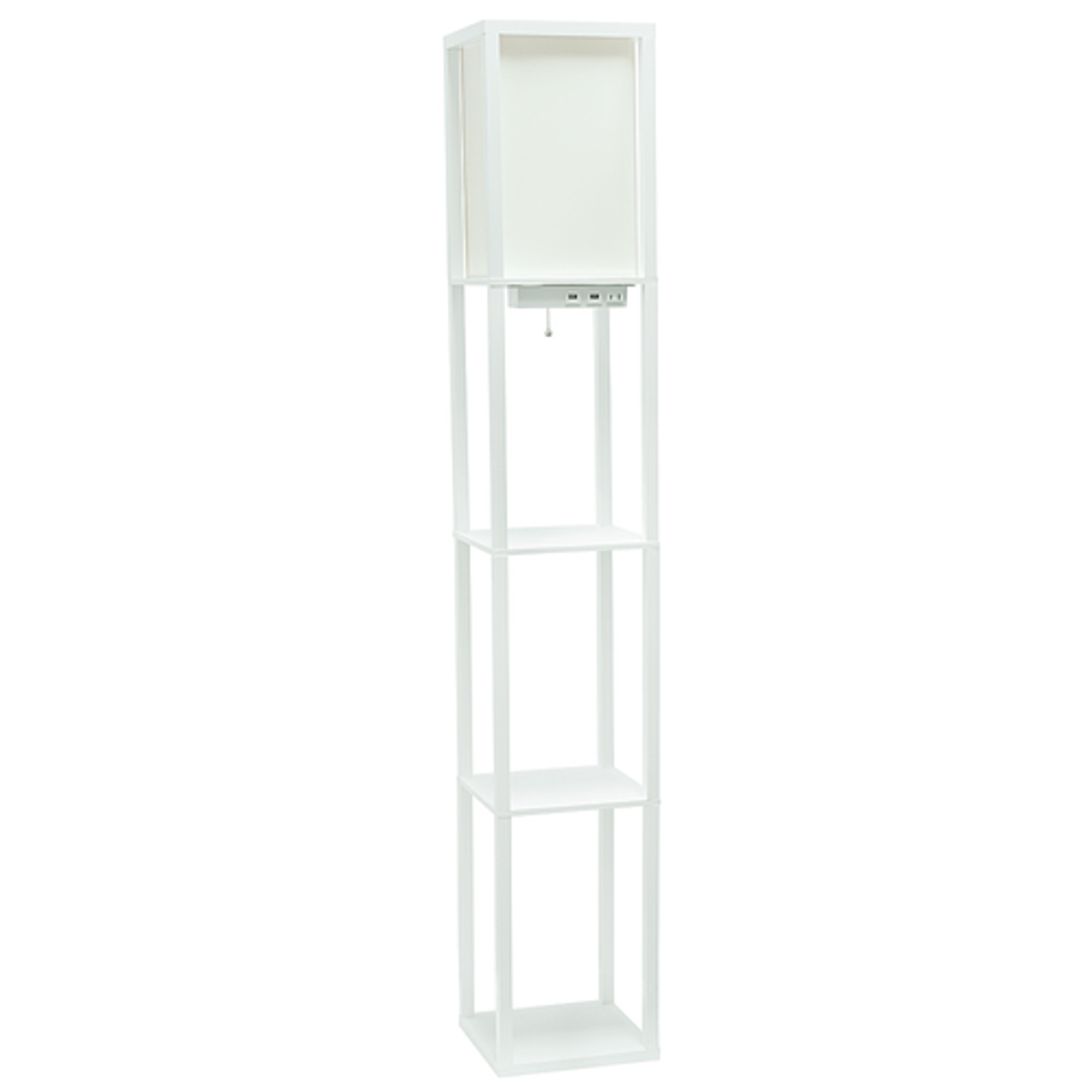 Simple Designs Floor Lamp Etagere Organizer Storage Shelf w 2 USB Charging Ports, 1 Charging Outlet & Linen Shade, White - White