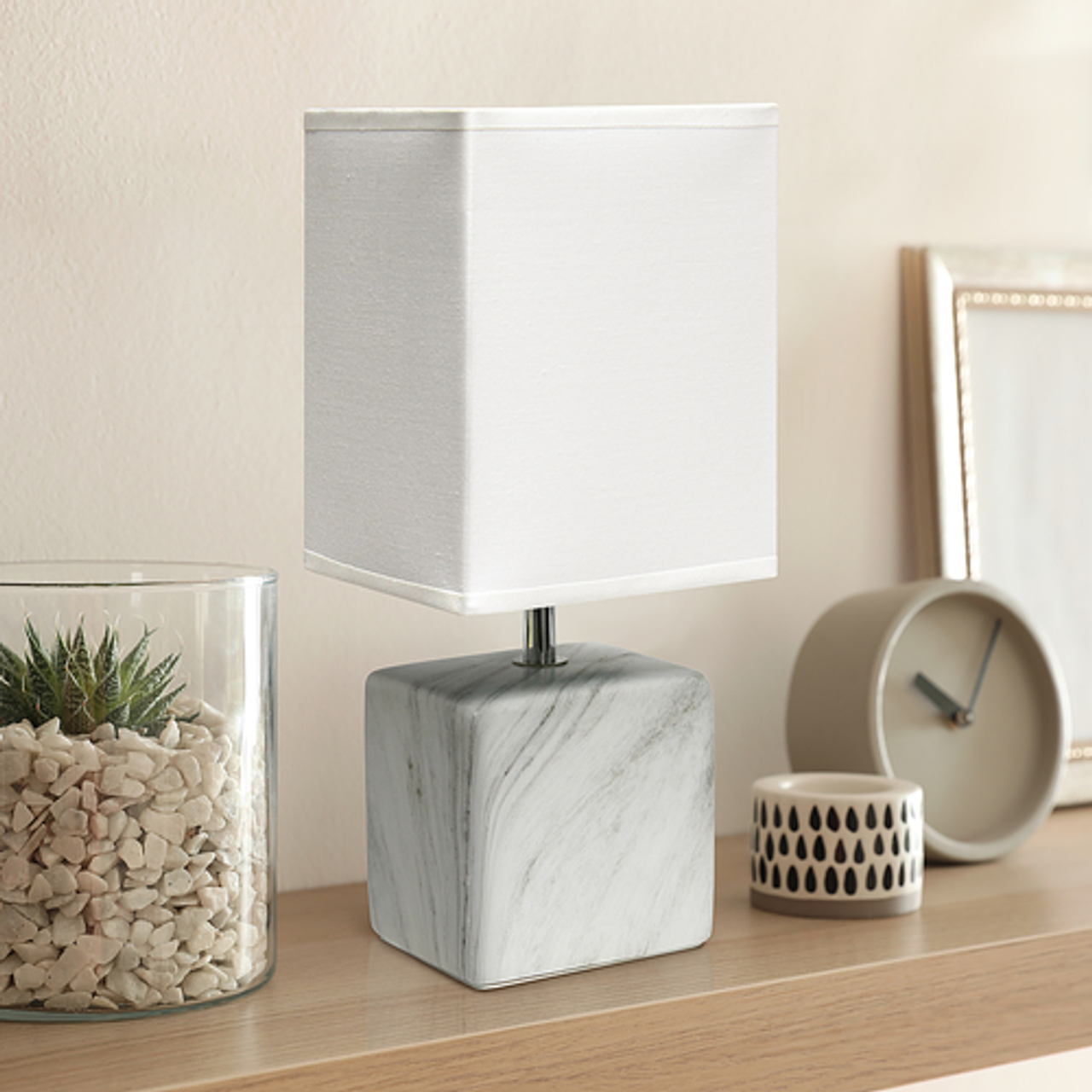 Simple Designs Petite Marbled Ceramic Table Lamp with Fabric Shade, White with White Shade - White base/White shade