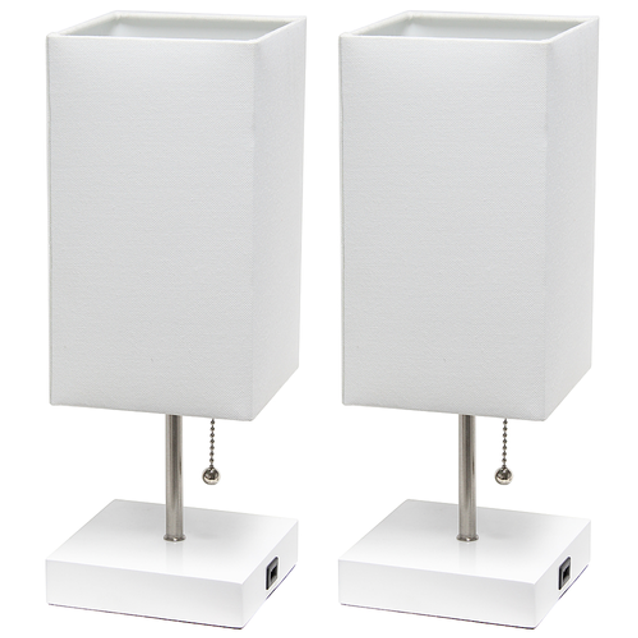 Simple Designs Petite White Stick Lamp with USB Charging Port and Fabric Shade 2 Pack Set, White - White base/White shade