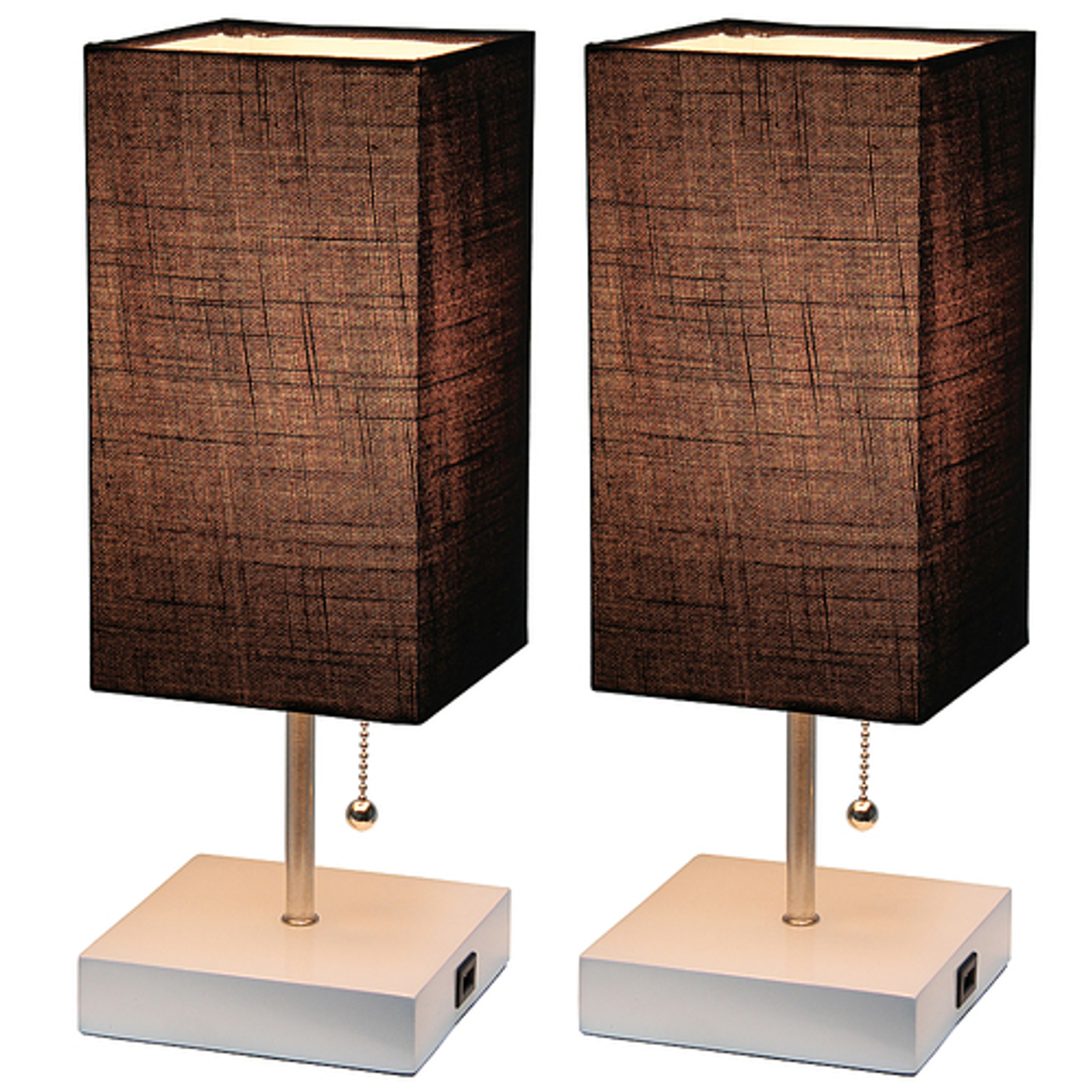 Simple Designs Petite White Stick Lamp with USB Charging Port and Fabric Shade 2 Pack Set, Black - White base/White shade