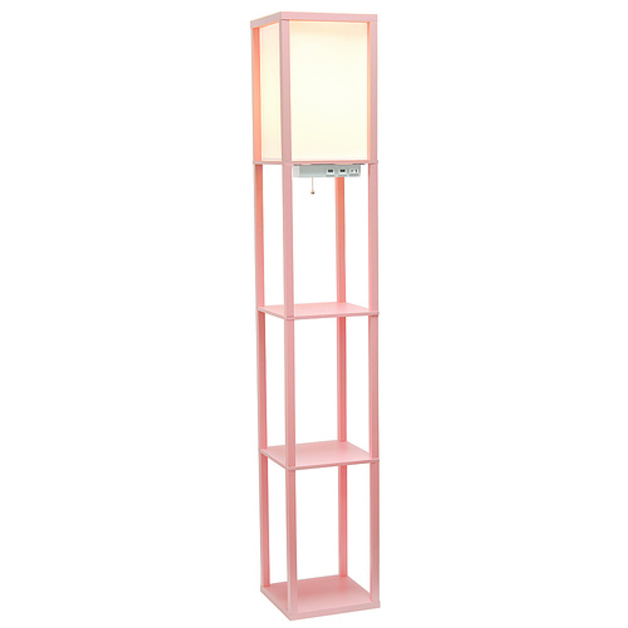 Simple Designs Floor Lamp Etagere Organizer Storage Shelf w 2 USB Charging Ports, 1 Charging Outlet & Linen Shade,Lt Pnk - Light Pink