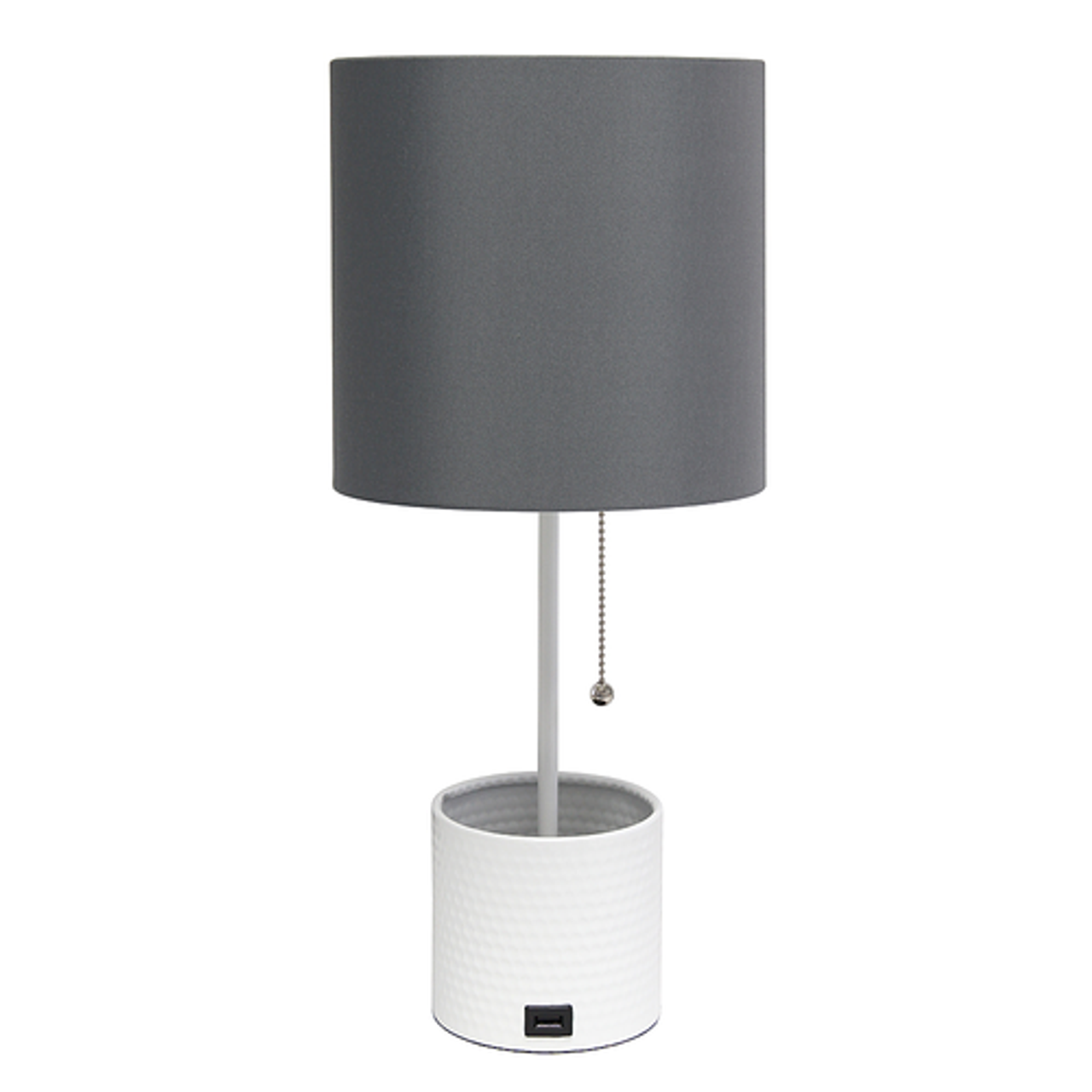 Simple Designs White Hammered Metal Organizer Table Lamp with USB charging port and Fabric Shade, Gray - White base/Gray shade