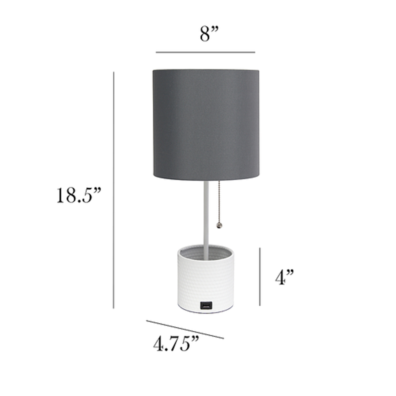 Simple Designs White Hammered Metal Organizer Table Lamp with USB charging port and Fabric Shade, Gray - White base/Gray shade