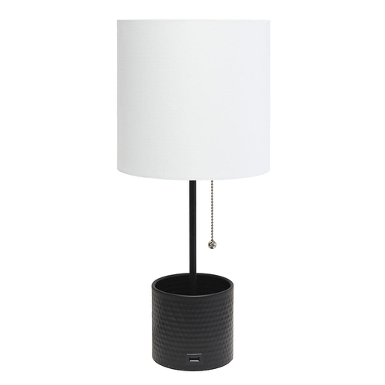 Simple Designs Hammered Metal Organizer Table Lamp with USB charging port and Fabric Shade, Black - Black base/White shade