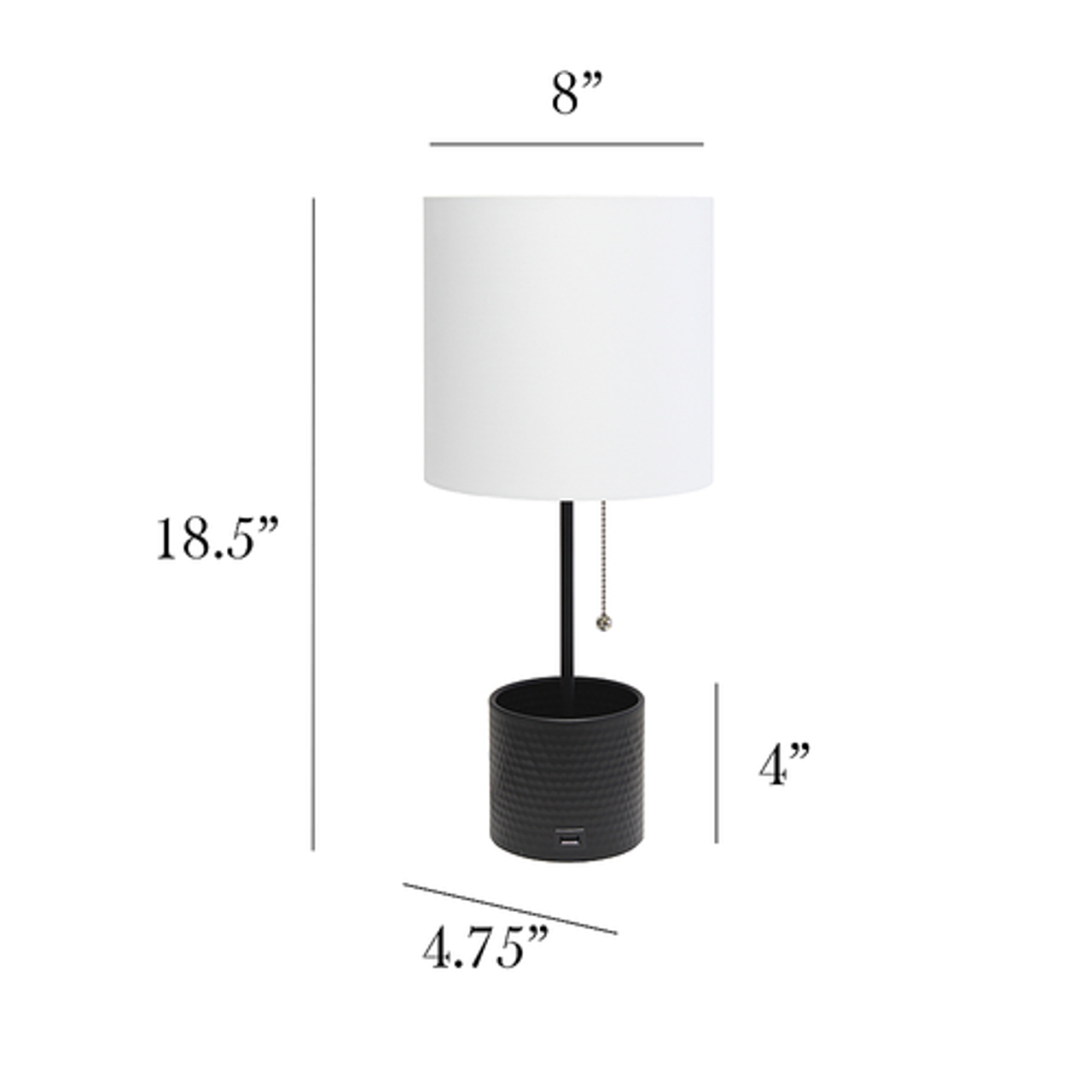 Simple Designs Hammered Metal Organizer Table Lamp with USB charging port and Fabric Shade, Black - Black base/White shade