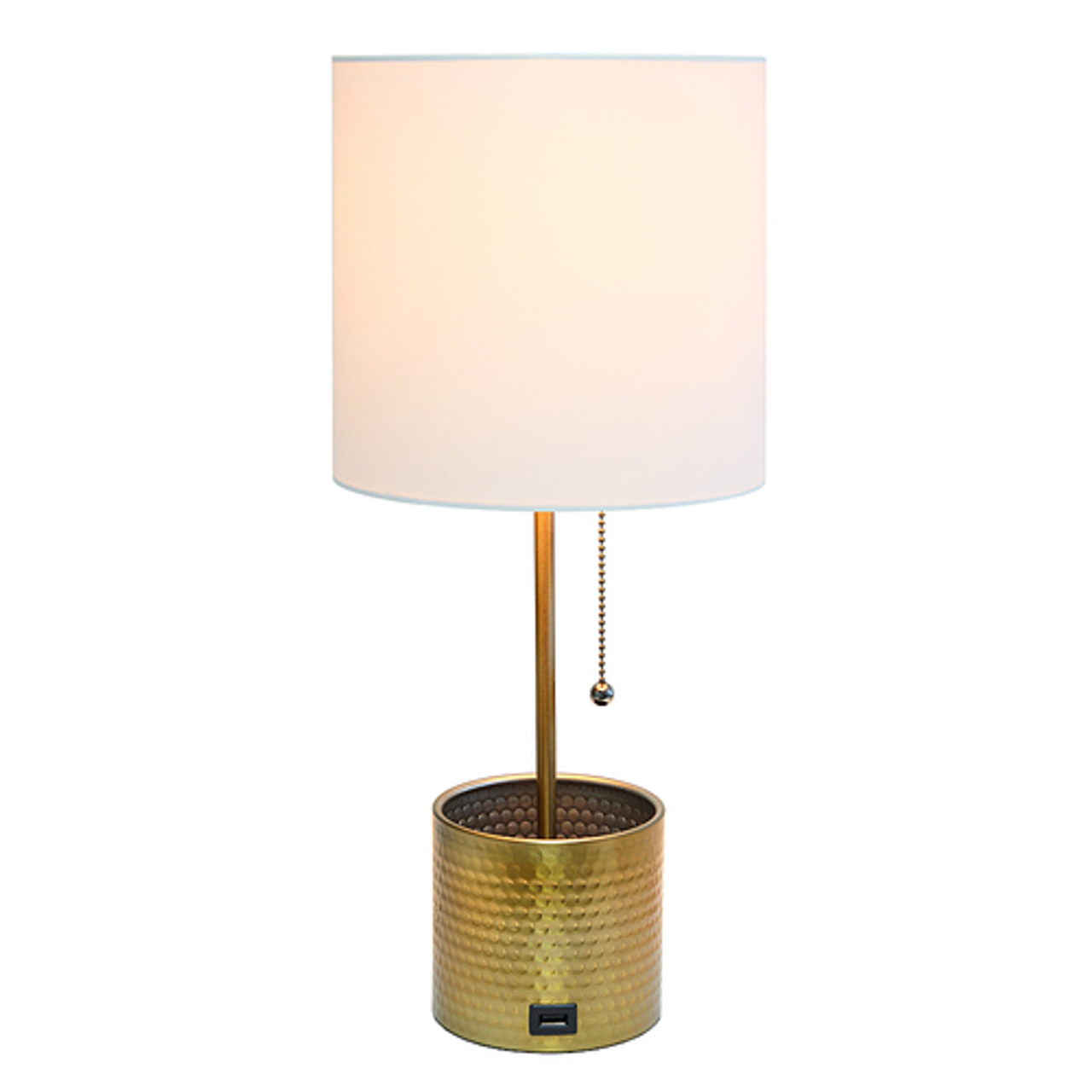 Simple Designs Hammered Metal Organizer Table Lamp with USB charging port and Fabric Shade, Gold - Gold base/White shade