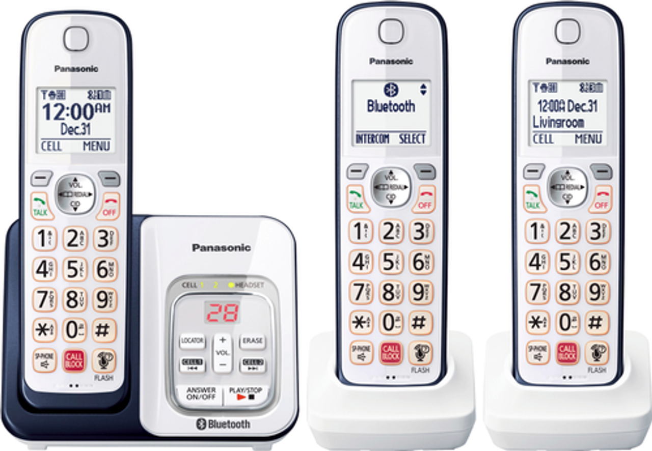 Panasonic Cordless Phone with 3 Handsets, Link2Cell Bluetooth, Smart Call Block & Digital Answering Machine - KX-TGD863A - White/Navy Blue