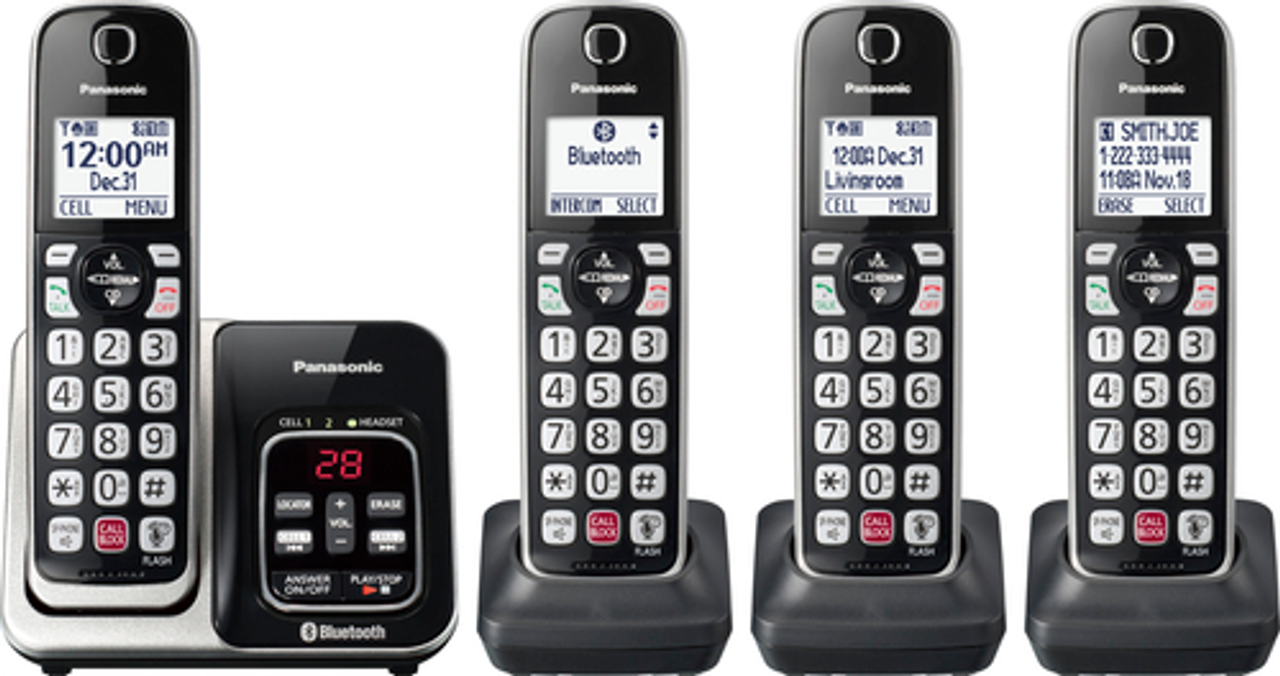 Panasonic Cordless Phone with 4 Handsets, Link2Cell Bluetooth, Smart Call Block & Digital Answering Machine - KX-TGD864S - Black with Silver Rim
