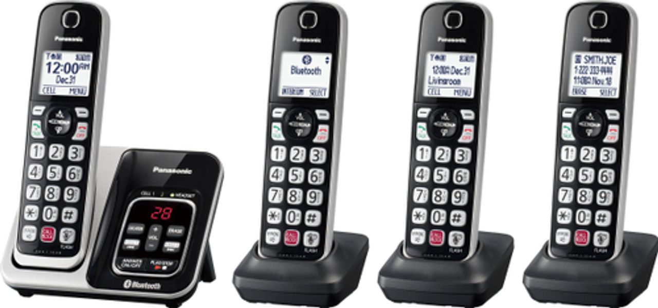 Panasonic Cordless Phone with 4 Handsets, Link2Cell Bluetooth, Smart Call Block & Digital Answering Machine - KX-TGD864S - Black with Silver Rim