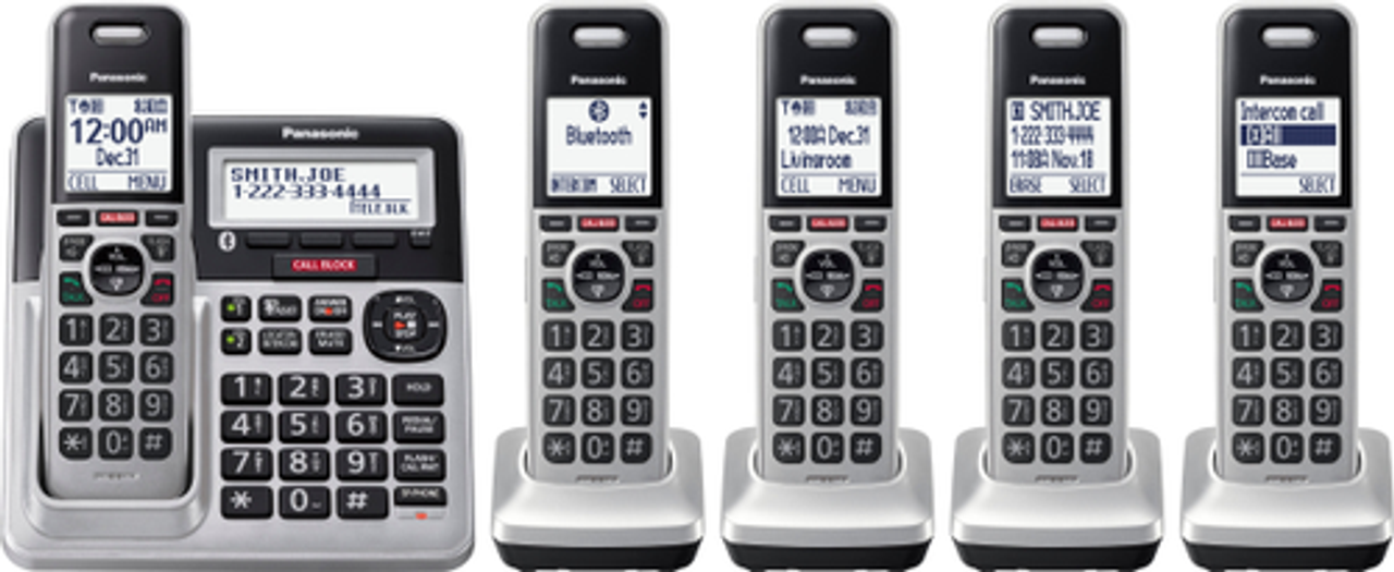 Panasonic Cordless Phone with 5 Handsets, Link2Cell Bluetooth, Smart Call Block & Digital Answering System - KX-TGF975S - Black with Silver Rim