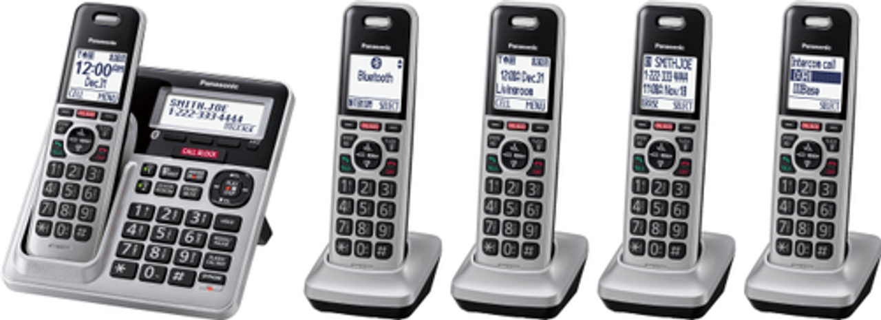 Panasonic Cordless Phone with 5 Handsets, Link2Cell Bluetooth, Smart Call Block & Digital Answering System - KX-TGF975S - Black with Silver Rim