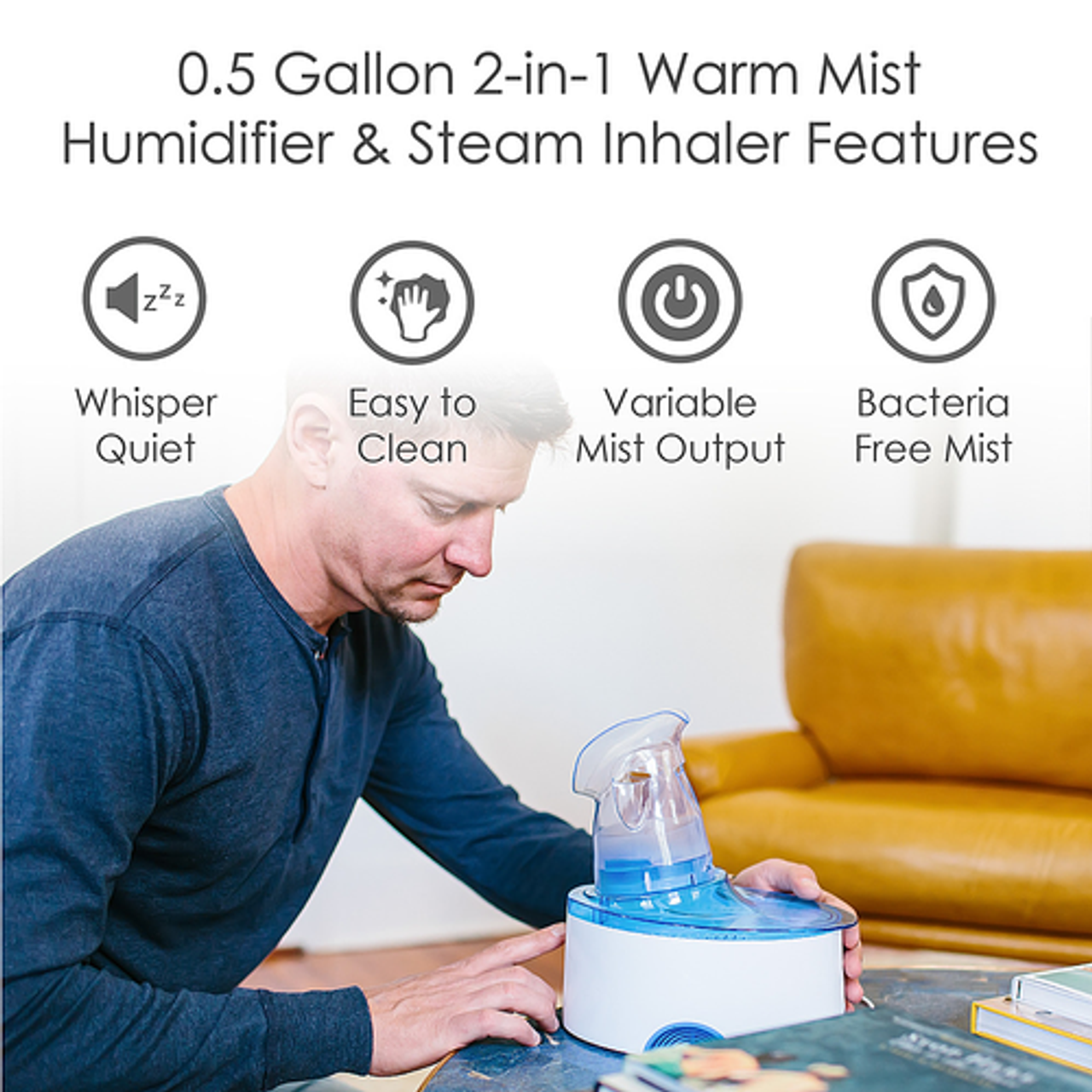 CRANE - 0.5 Gal. 2-in-1 Warm Mist Humidifier & Personal Steam Inhaler for Small to Medium Rooms up to 250 sq. ft. - Blue/White