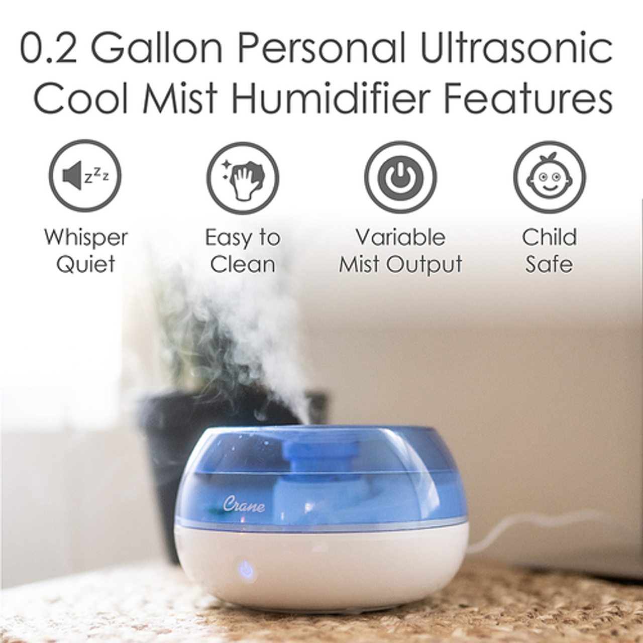 CRANE - 0.2 Gal. Personal Ultrasonic Cool Mist Humidifier for Small Rooms up to 160 sq. ft. - Blue/White