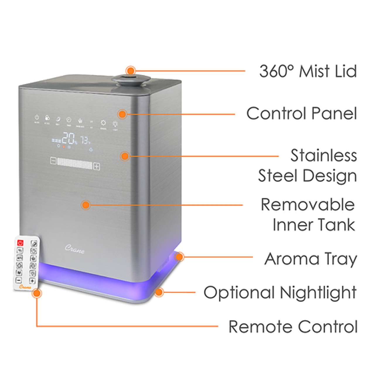 CRANE - 1.2 Gal. Warm & Cool Mist Top Fill Humidifier with Remote for Medium to Large Rooms up to 500 sq. ft - Gray