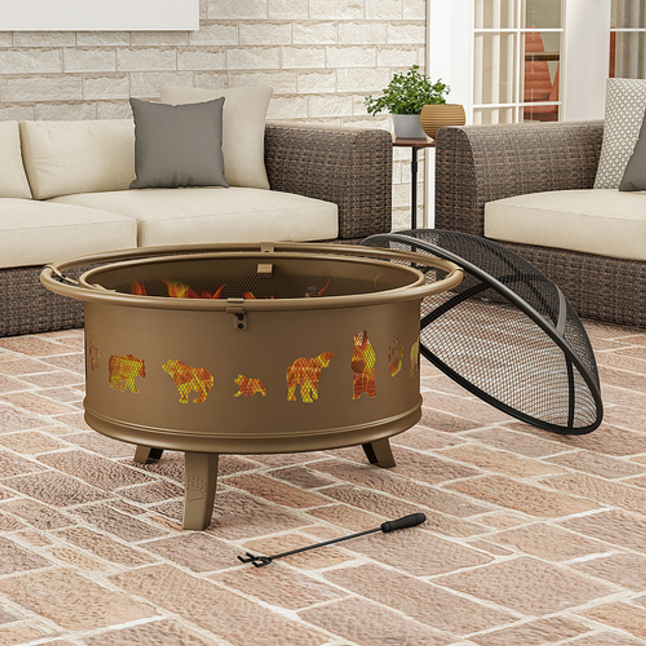Nature Spring - 32" Fire Pit – Round Outdoor Fireplace with Steel Bowl, Bear Cutouts for Patio Wood Burning - Antique Gold