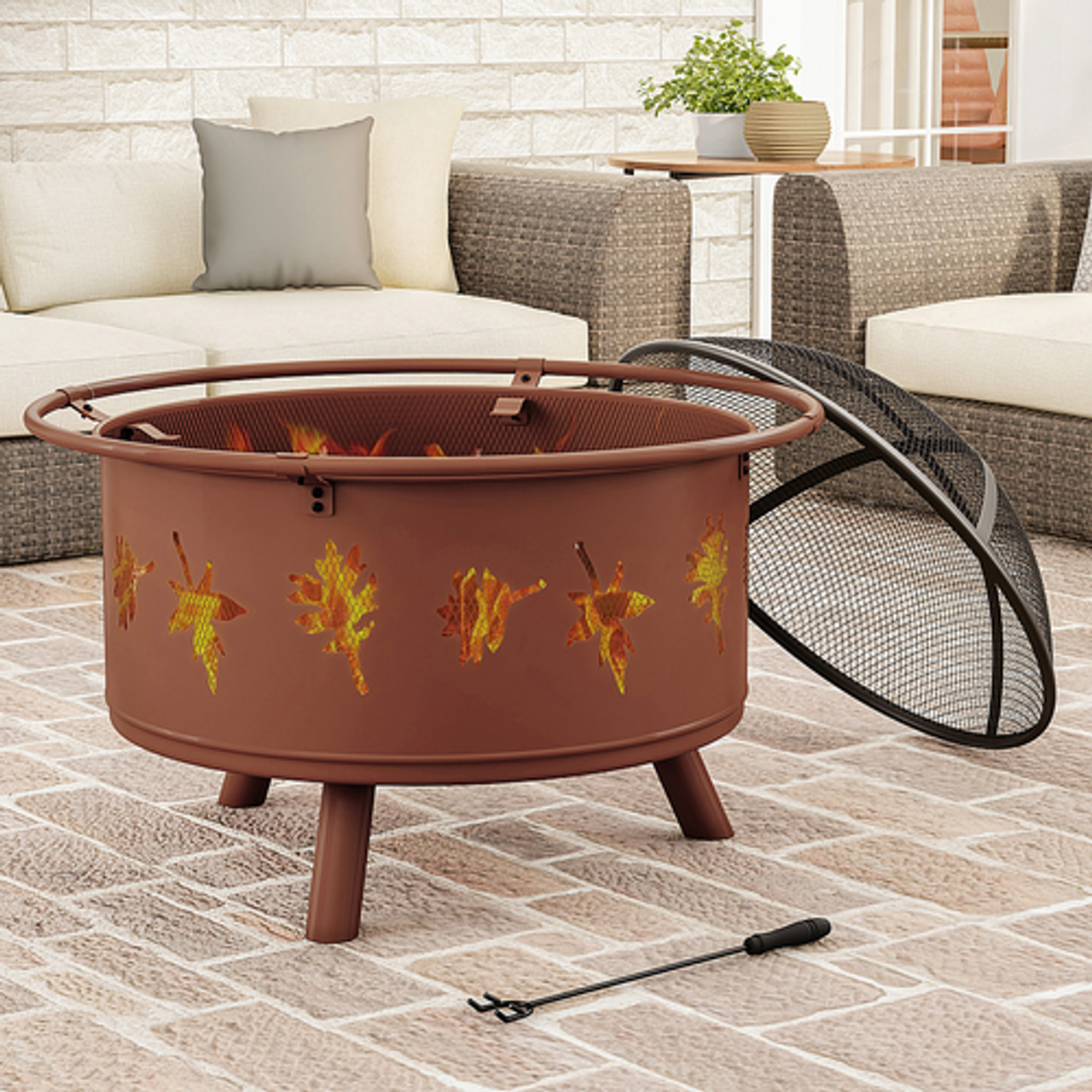 Nature Spring - 32" Fire Pit – Round Outdoor Fireplace with Steel Bowl, Leaf Cutouts for Patio Wood Burning - Rugged Rust