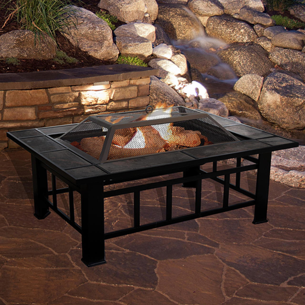 Nature Spring - 37” Marble Tile Rectangular Fire Pit Set, Wood Burning Pit Great for Outdoor and Patio - Black and Orange Marbled Tile