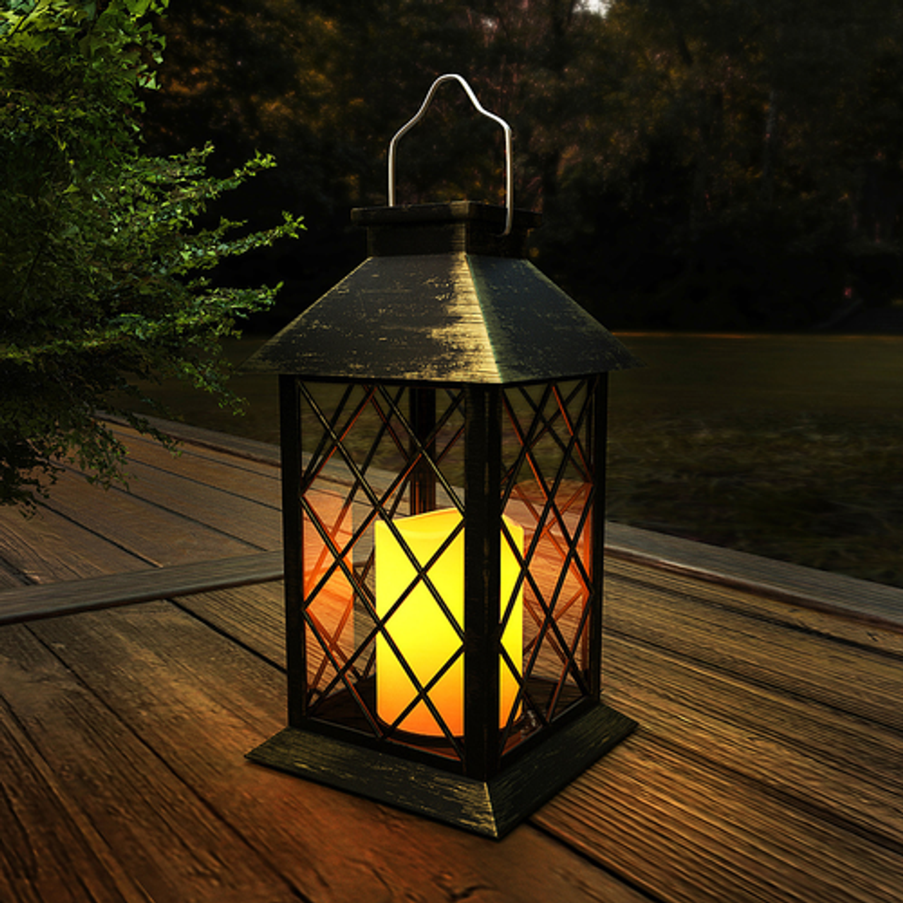 Nature Spring - Solar Lantern - Hanging or Tabletop Water Resistant LED Pillar Candle Lamp for Indoors or Outdoors by Hastings Home - Bronze