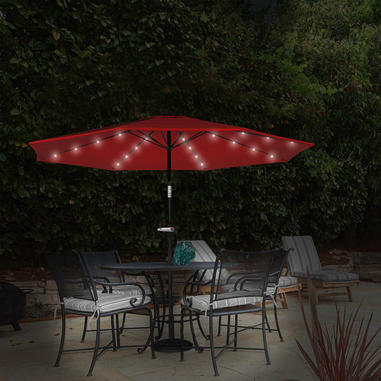 Nature Spring - Patio Umbrella – 10 Foot Deck Shade with Solar Powered LED Lights, Crank Tilt and Fade Resistant, UV Protection Canopy - Crimson Red
