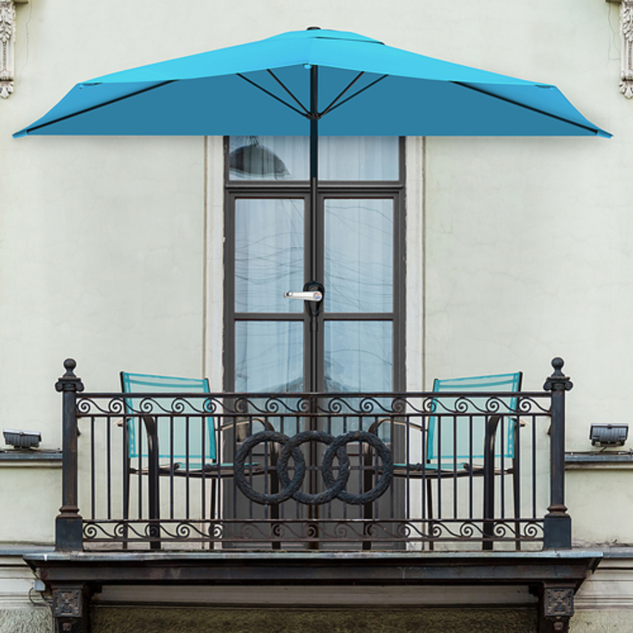 Nature Spring - 9' Half Round Patio Umbrella with Easy Crank- Small Space Outdoor Shade Umbrella for Balcony, Porch, Deck, Awning - Brilliant Blue