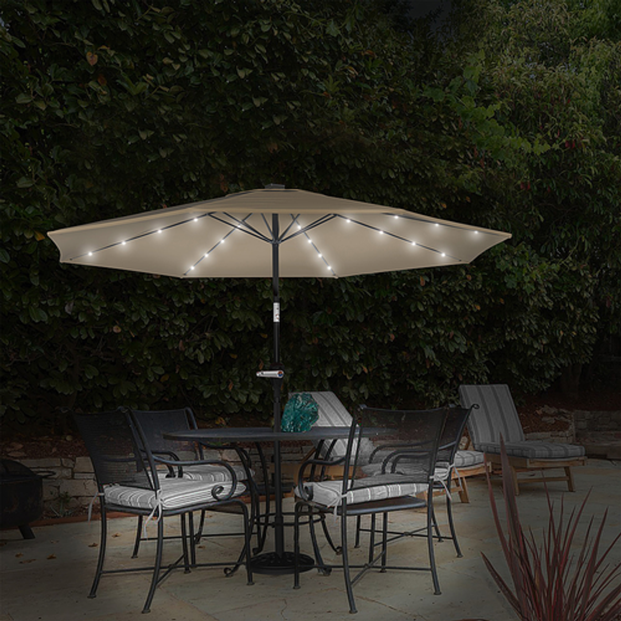 Nature Spring - Patio Umbrella – 10 Foot Deck Shade with Solar Powered LED Lights, Crank Tilt and Fade Resistant, UV Protection Canopy - Sand