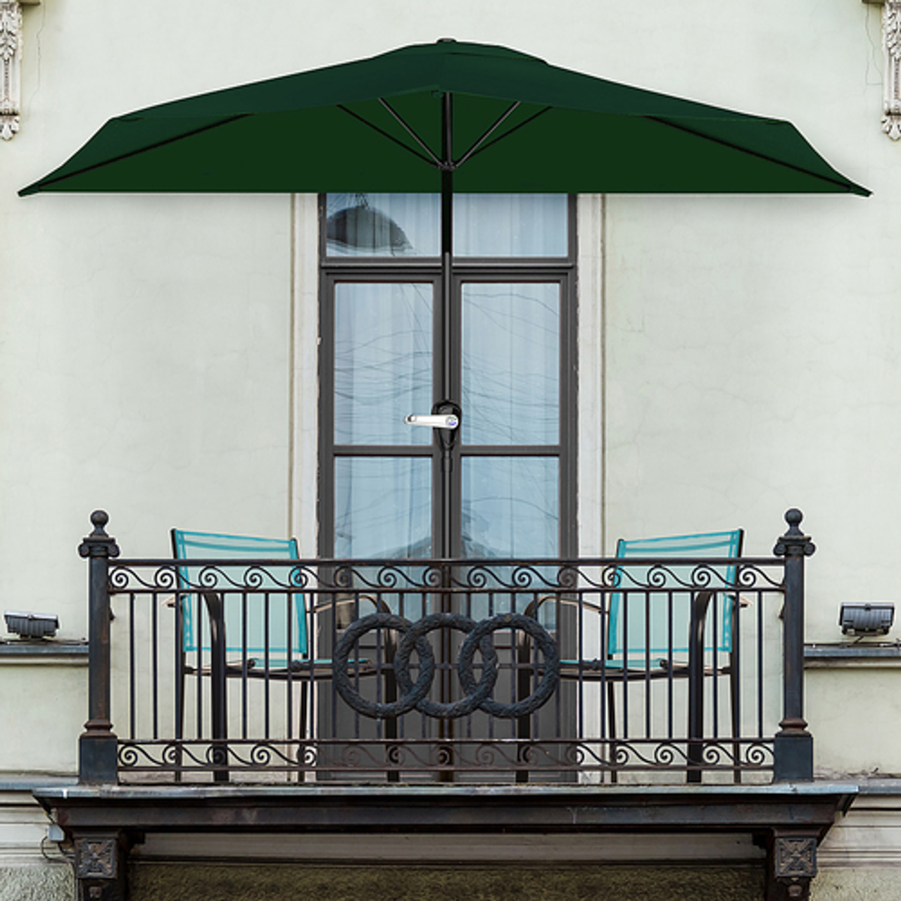 Nature Spring - Half Round Patio Umbrella with Easy Crank- Small Space Outdoor Shade Umbrella for Balcony, Deck, Awning- 9 Foot (Green) - Hunter Green