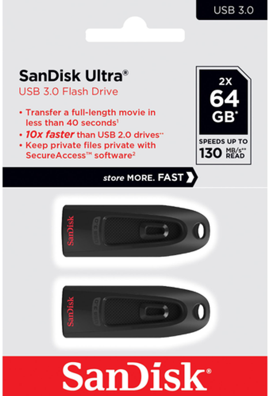 SanDisk - Ultra 64GB USB 3.0 Type-A Flash Drive with Hardware Encryption (2-Pack)