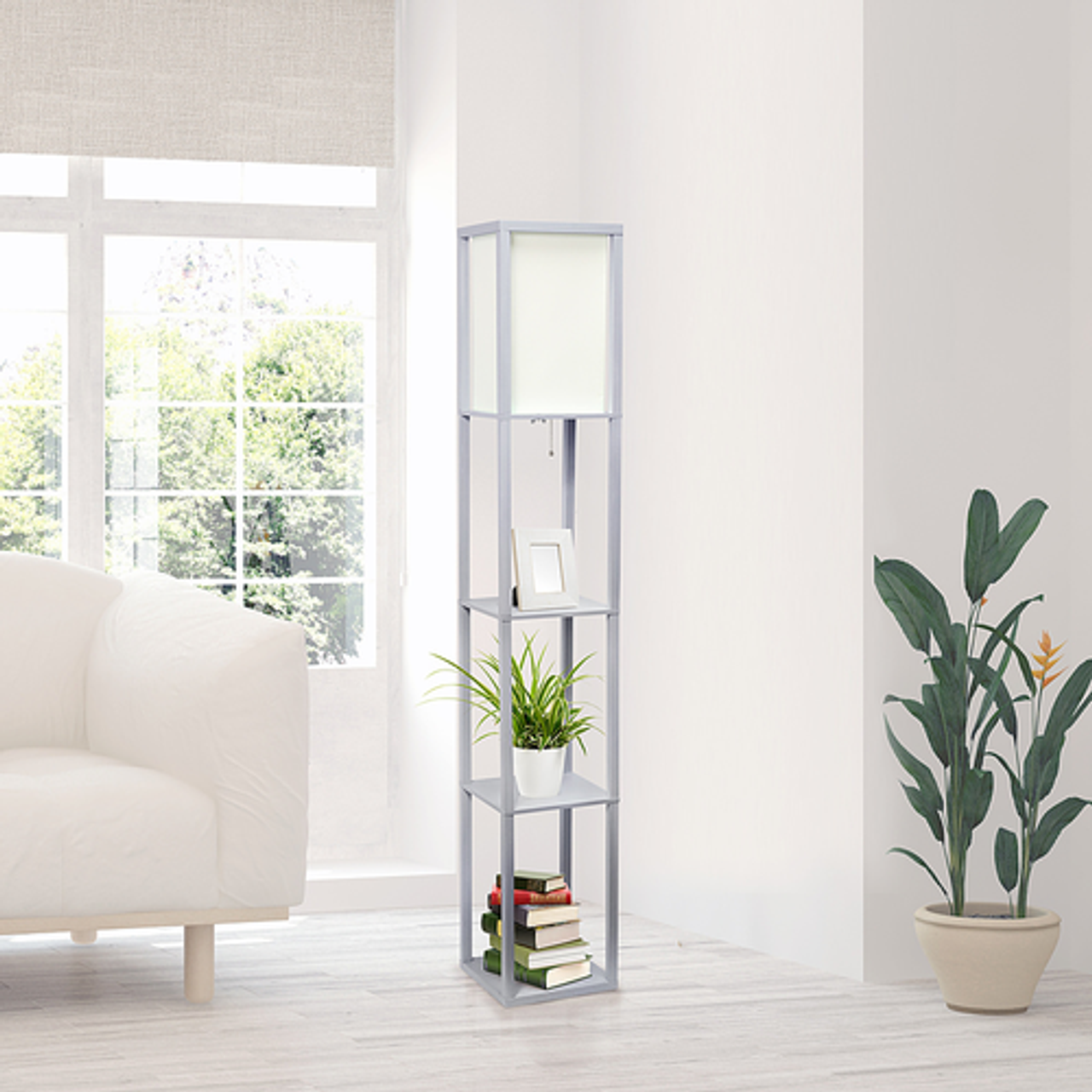 Lalia Home Column Shelf Floor Lamp with Linen Shade, Gray - GRAY