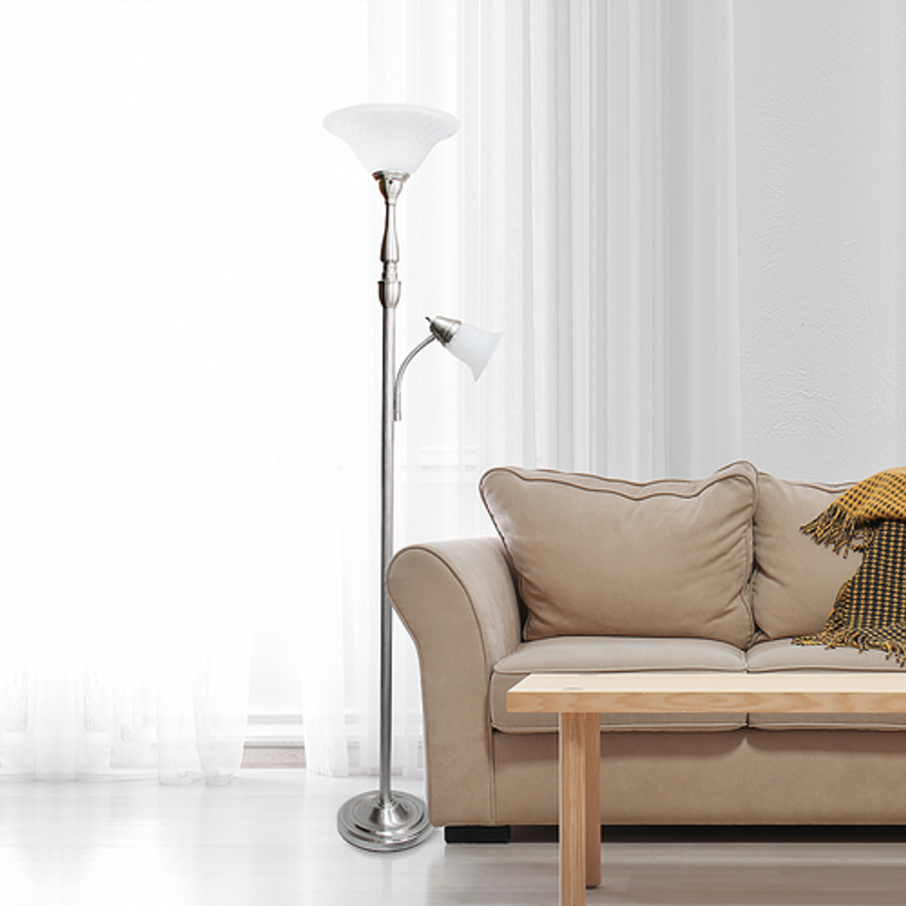 Lalia Home Torchiere Floor Lamp with Reading Light and Marble Glass Shades, Brushed Nickel - BRUSHED NICKEL/WHITE SHADES