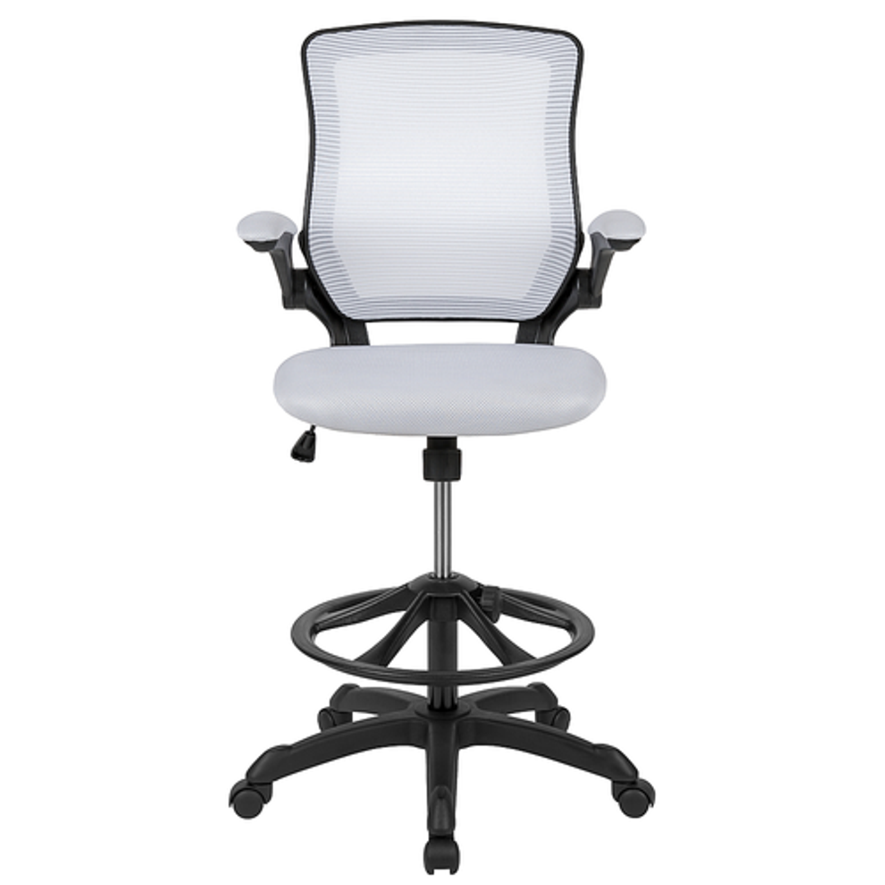 Flash Furniture - Mid-Back Mesh Ergonomic Drafting Chair with Adjustable Foot Ring and Flip-Up Arms - White