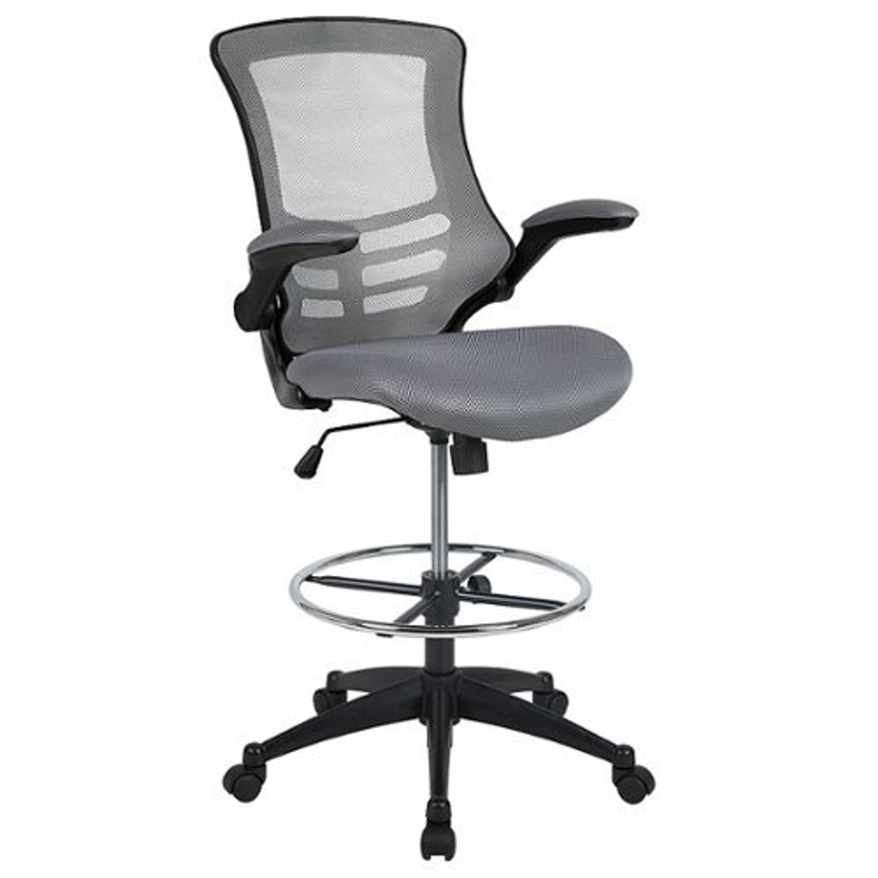 Flash Furniture - Mid-Back Ergonomic Drafting Chair with Adjustable Foot Ring and Flip-Up Arms - Dark Gray Mesh